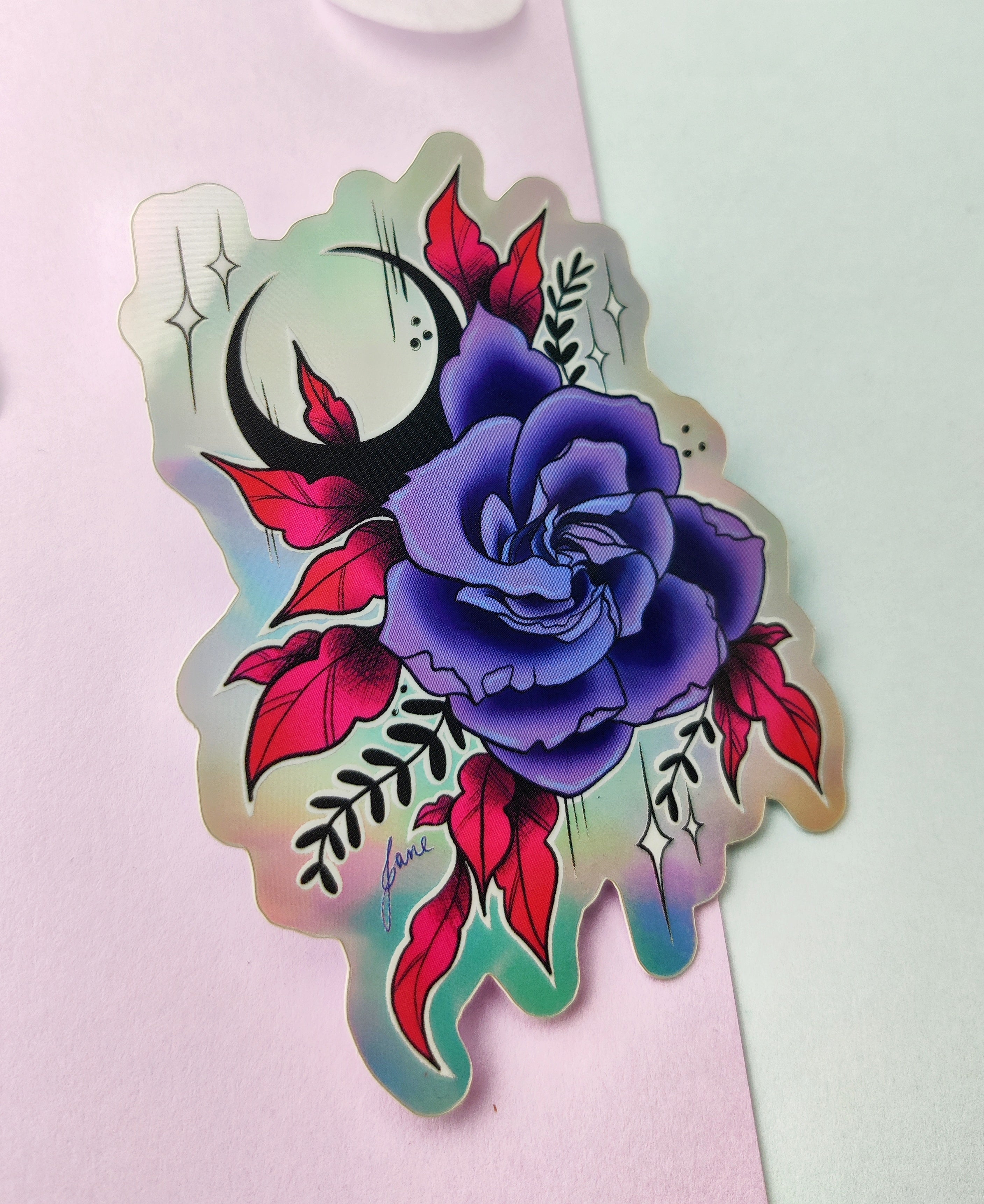 Rose and moon sticker - holographic glossy sticker of original digital painting