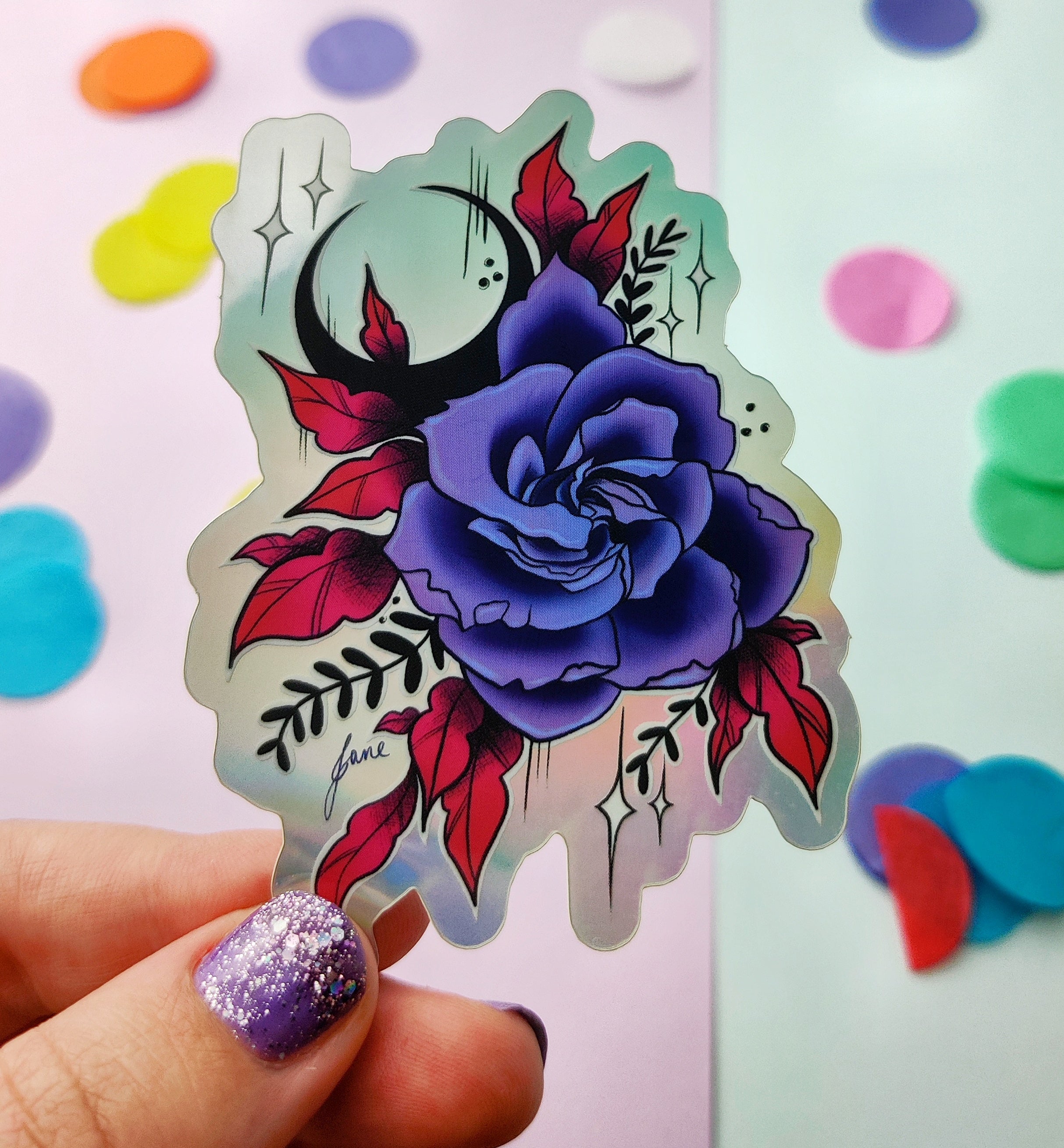 Rose and moon sticker - holographic glossy sticker of original digital painting