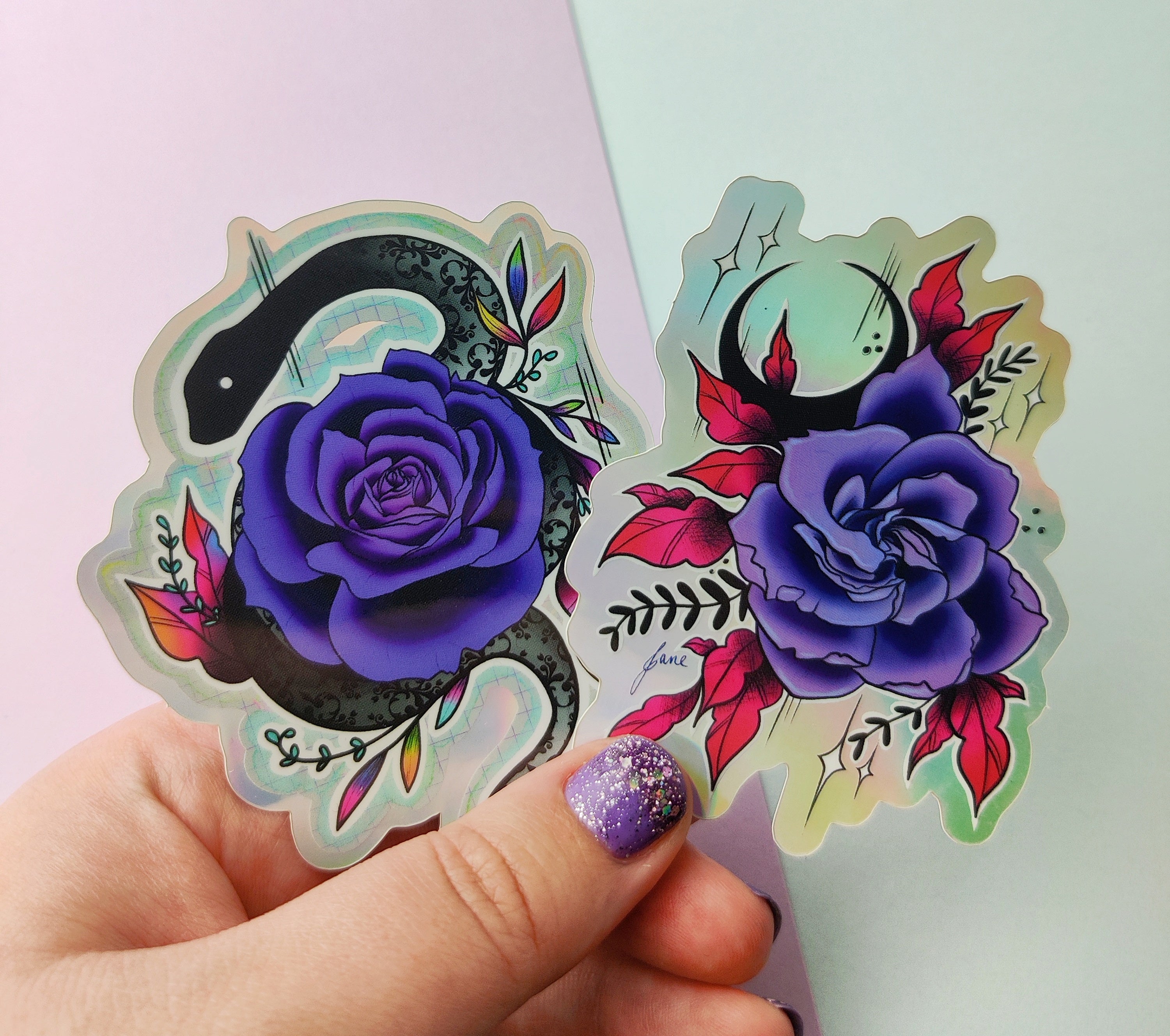 Rose and moon sticker - holographic glossy sticker of original digital painting