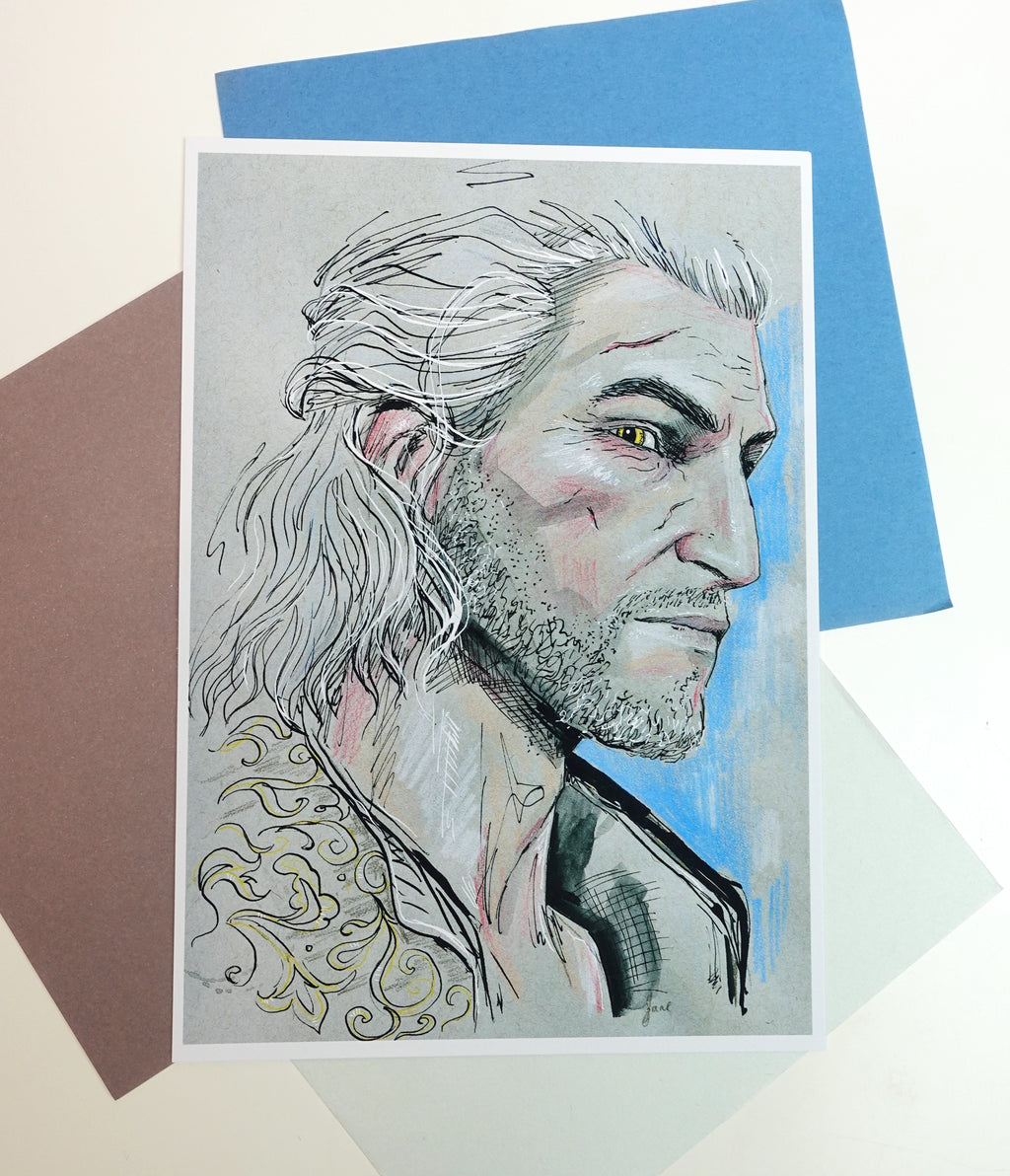 Geralt print - A5 art print of The Witcher fanart original ink watercolour pencil drawing