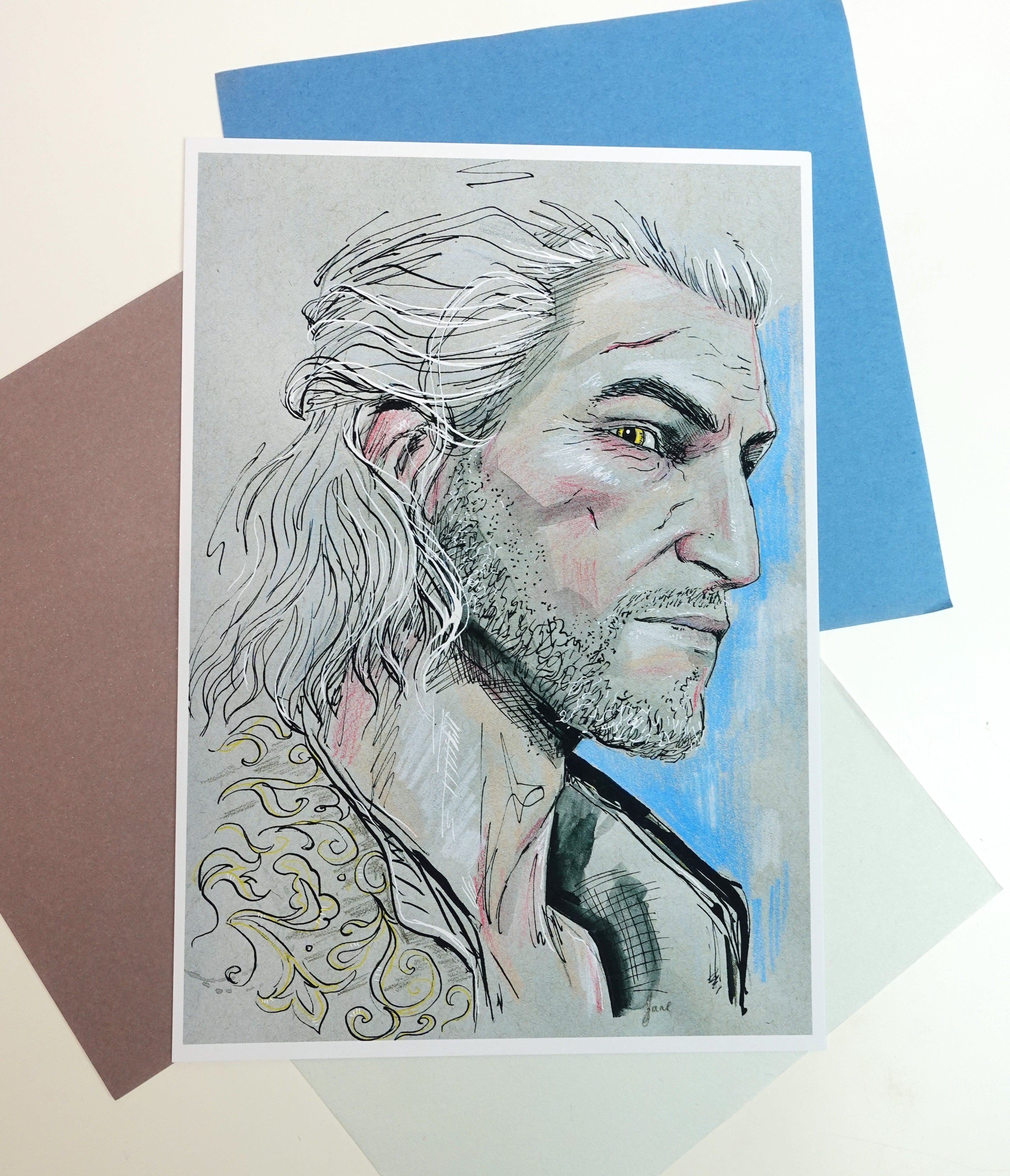 Geralt print - A5 art print of The Witcher fanart original ink watercolour pencil drawing
