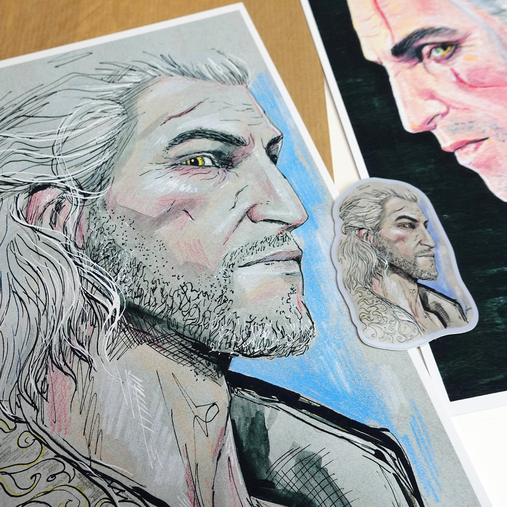 Geralt print - A5 art print of The Witcher fanart original ink watercolour pencil drawing