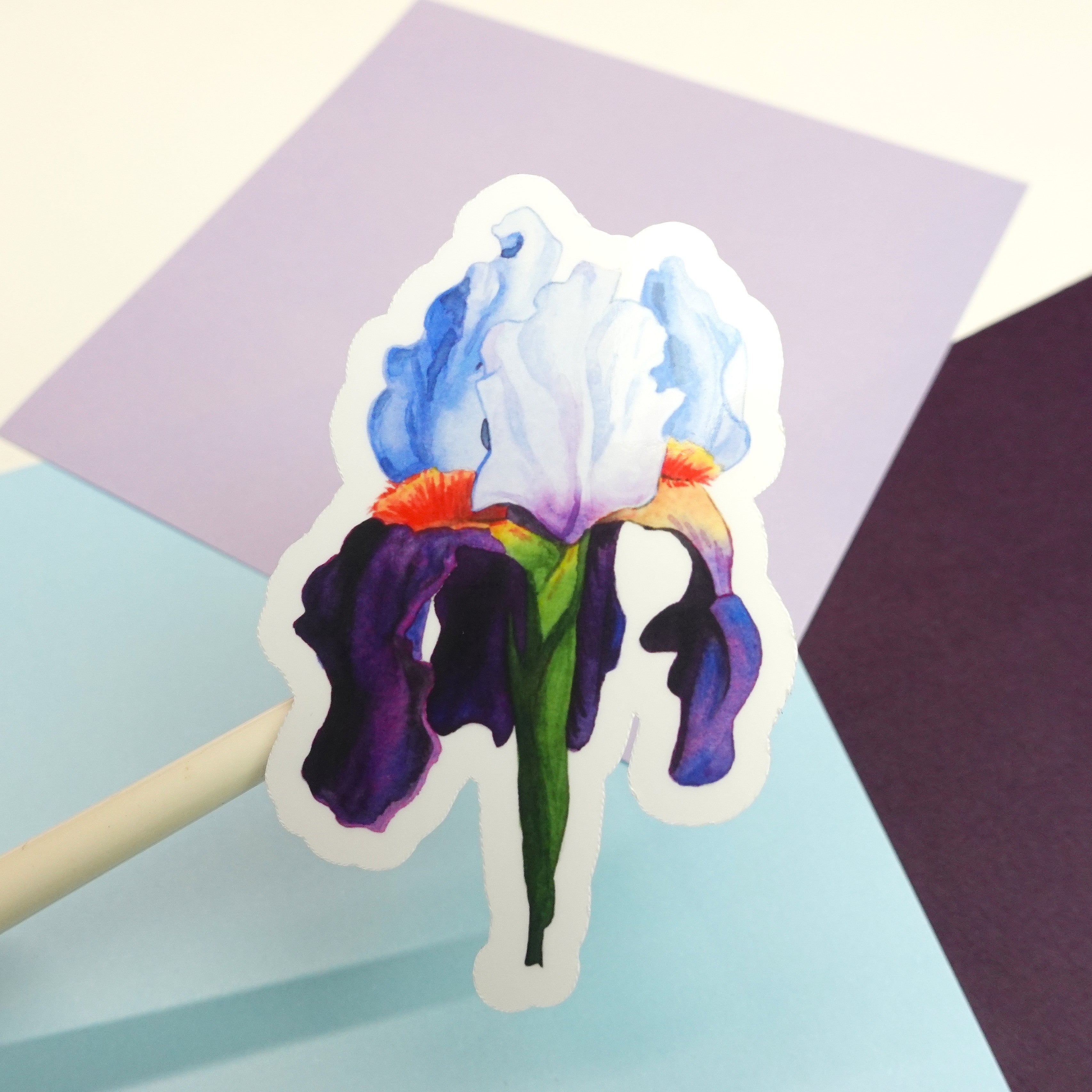 Iris sticker - glossy or holographic sticker of original watercolour painting - floral flowers