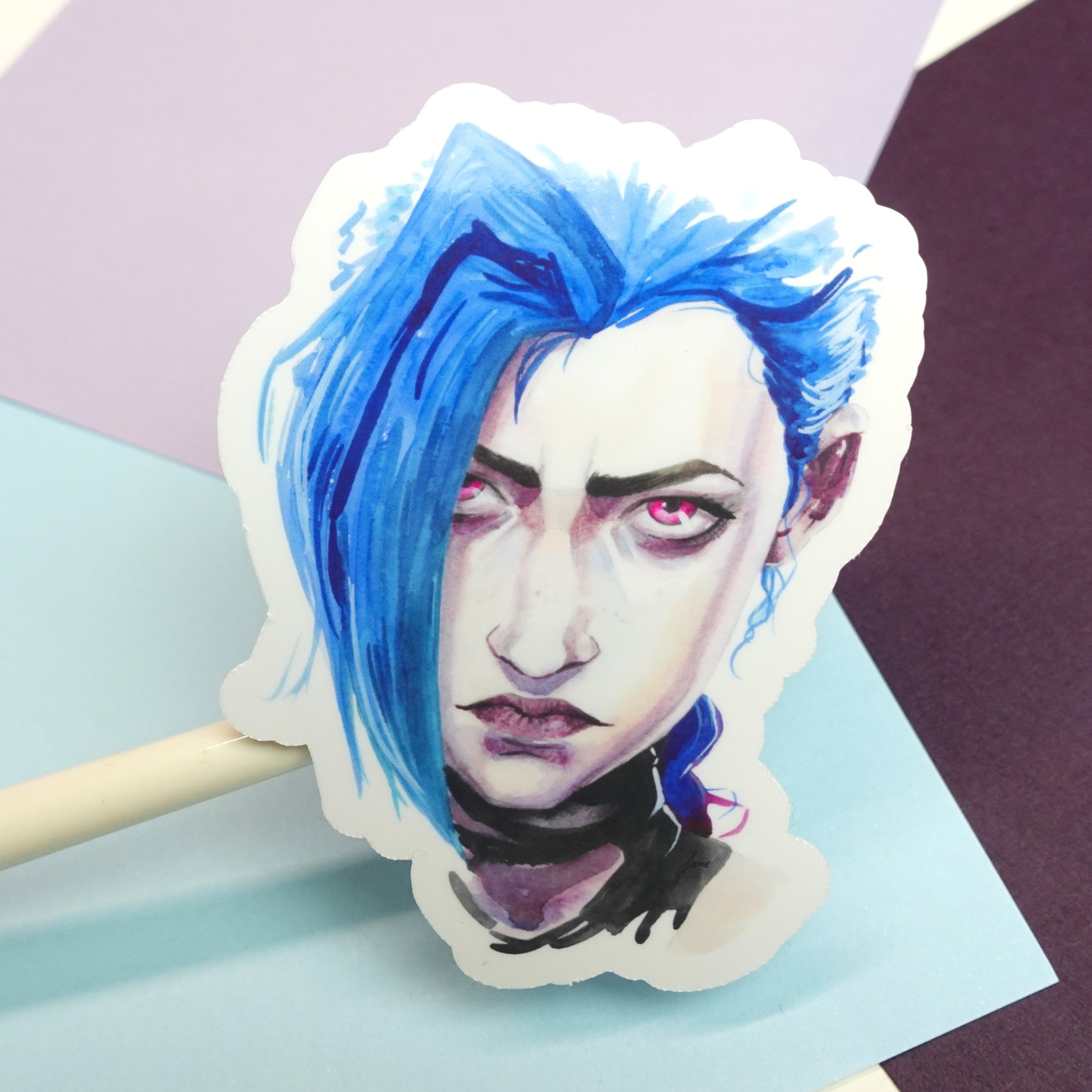 Jinx sticker - Arcane and League of Legends fanart - glossy sticker of original watercolour painting