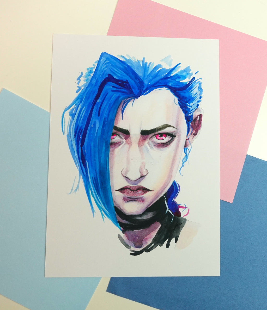Jinx print - A5 art print of original fanart watercolour painting of Jinx from League of Legends Arcane