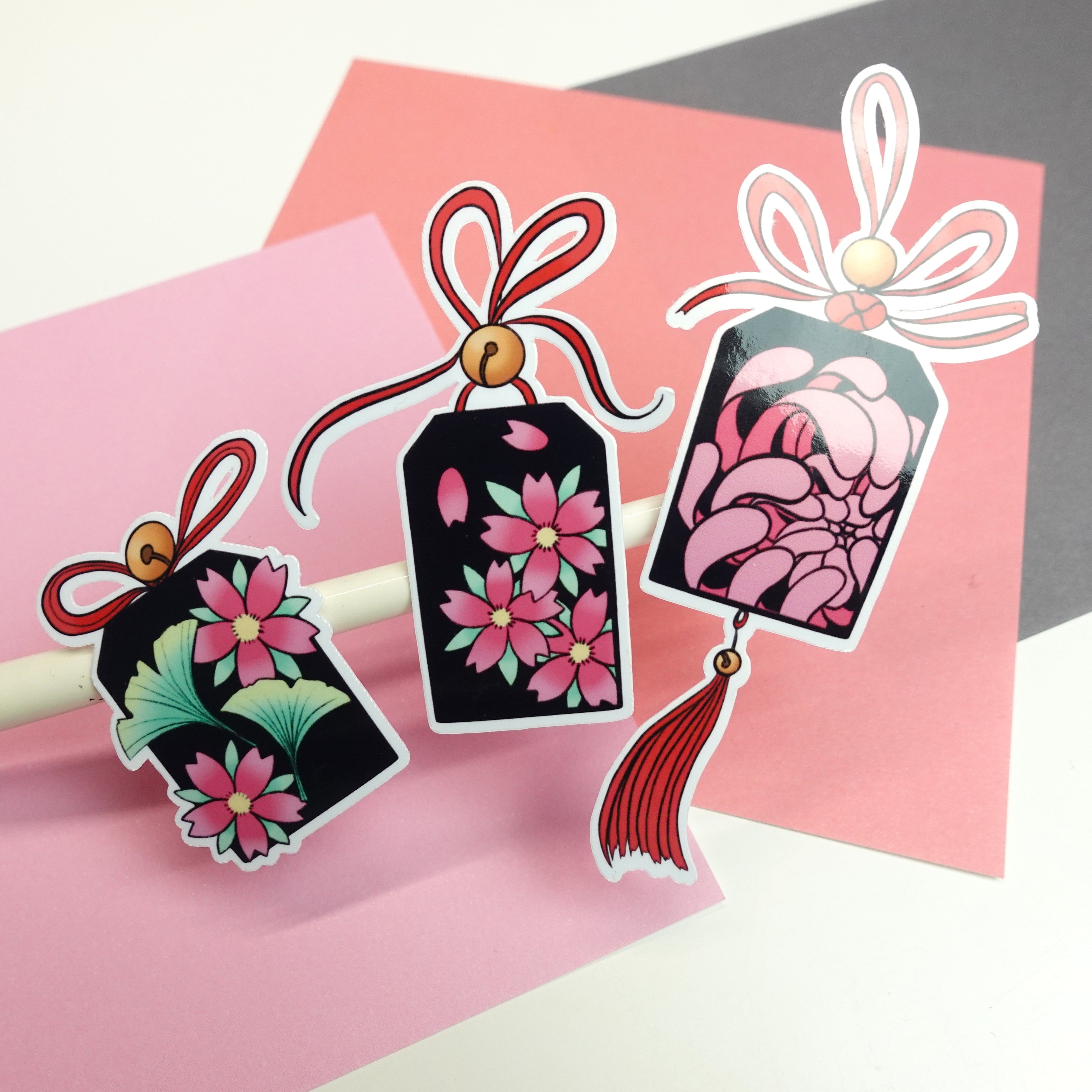 Omamori sticker set - glossy or holographic stickers of original digital drawings - Japanese temple shrine charms