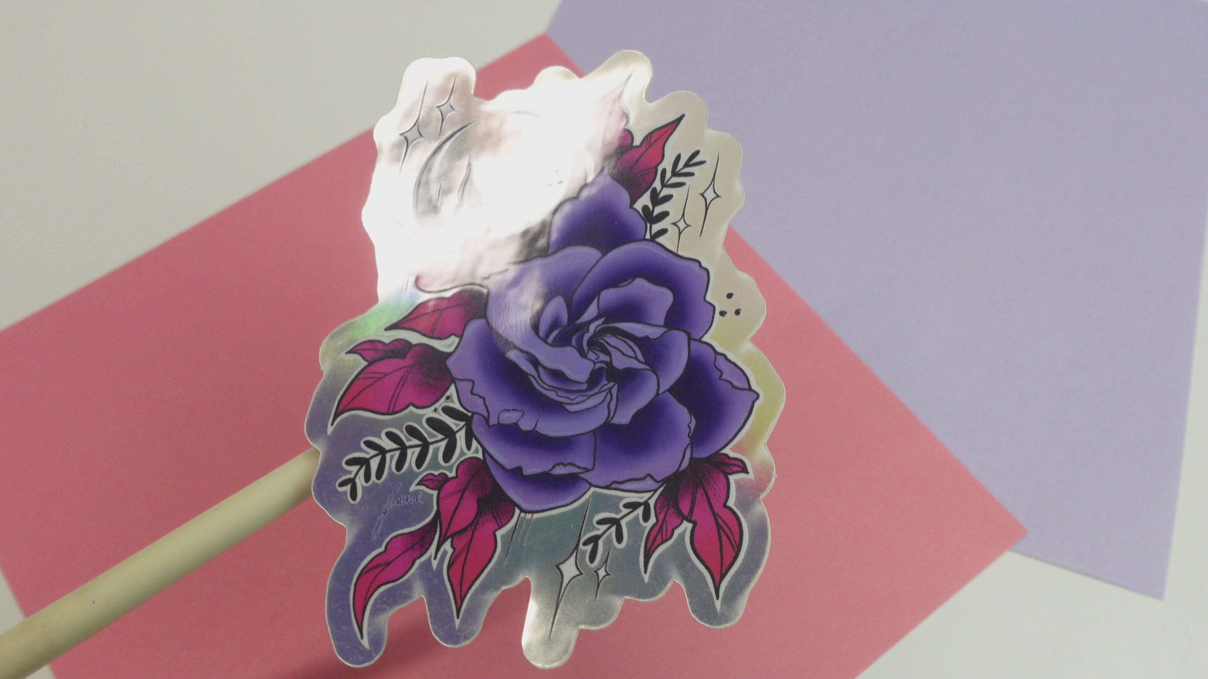 Rose and moon sticker - holographic glossy sticker of original digital painting