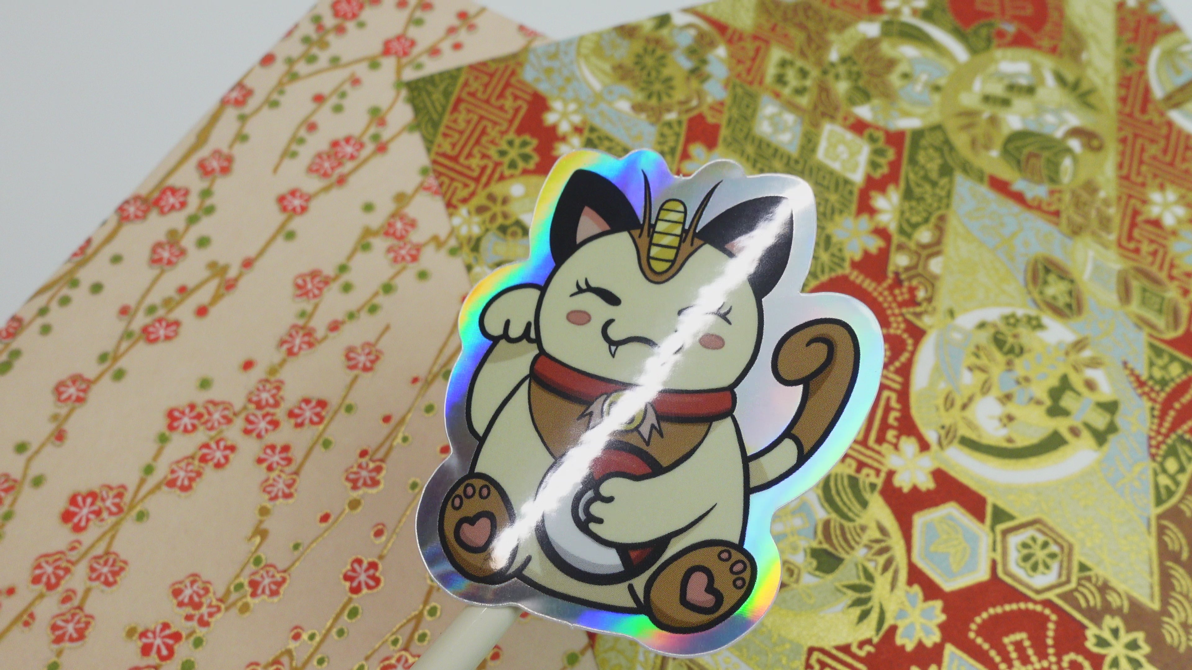 Meowth Maneki Neko sticker - holographic Japanese Pokemon vinyl sticker