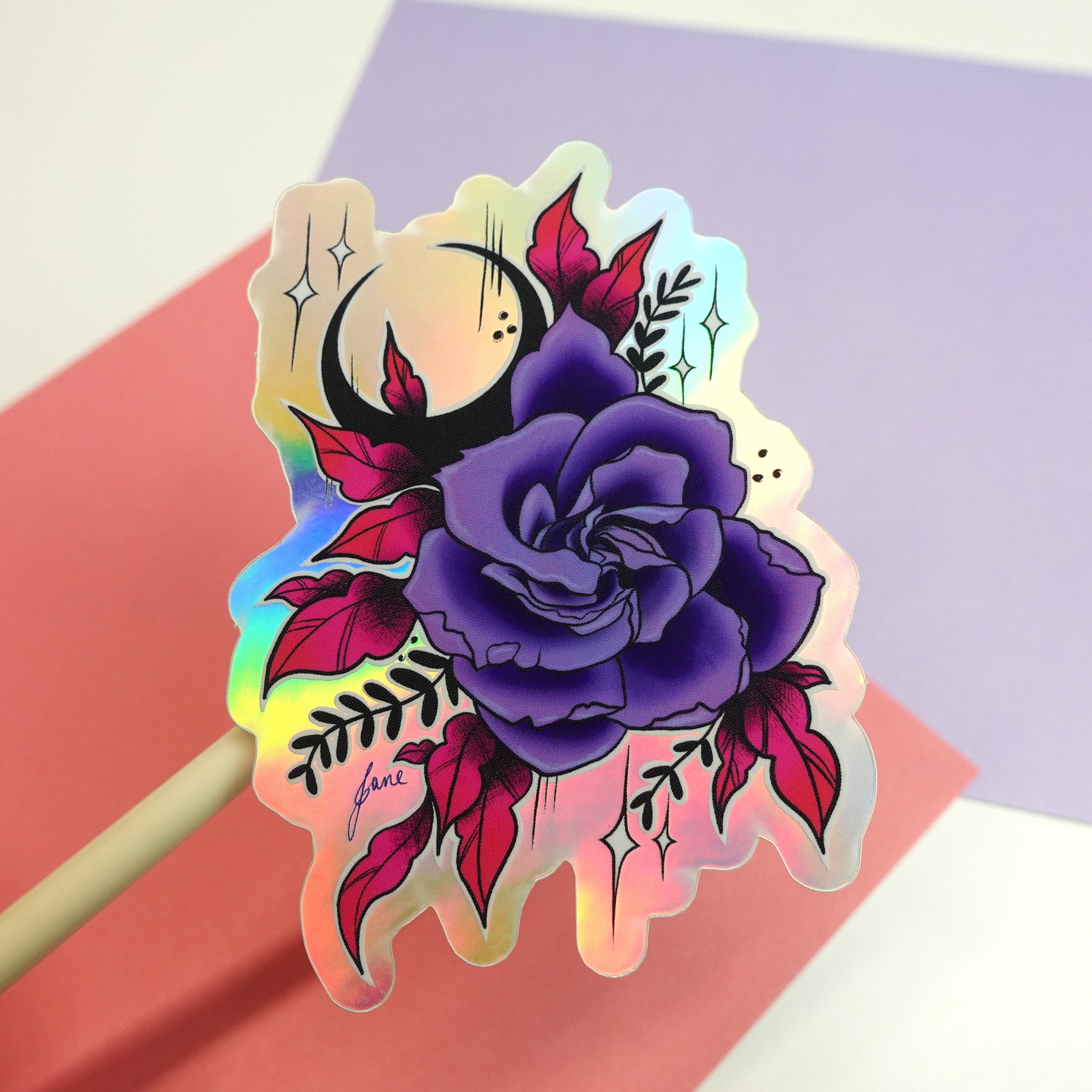 Rose and moon sticker - holographic glossy sticker of original digital painting